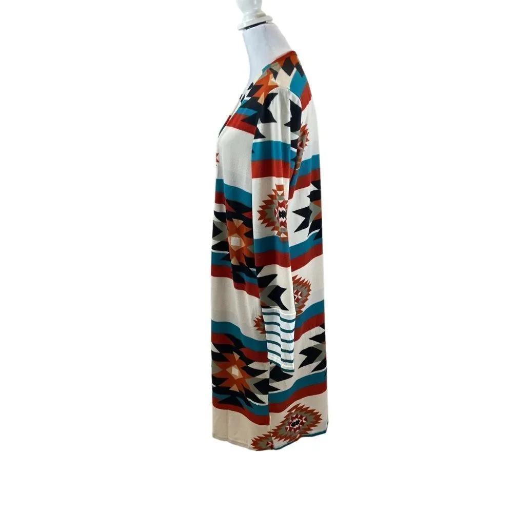 Ladies One Eleven‎ North Brand Aztec Print Long Duster Open Front Sweater Medium